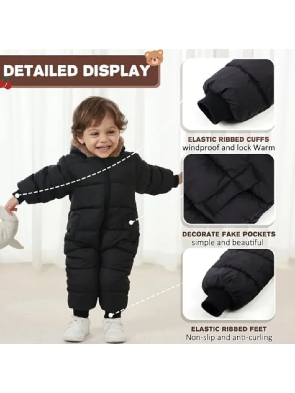 Cozy Infant Snowsuit Hooded Jumpsuit for Boys & Girls - Warm Winter Bear Outfit